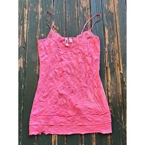 Bongo Pink Crinkle Lace Trim Cami Top Adjustable Straps Ruffle Hem Large